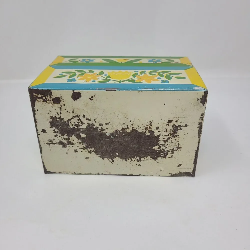 Vintage Metal Recipe Box Floral Yellow White Blue Orange Syndicate Mfg Co *READ
